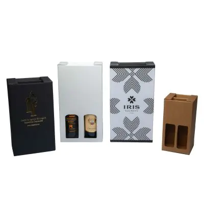 Scatole in cartone microonda accoppiato con manico a scomparsa per confezione di bottiglie di spumante, liquori, vino, olio