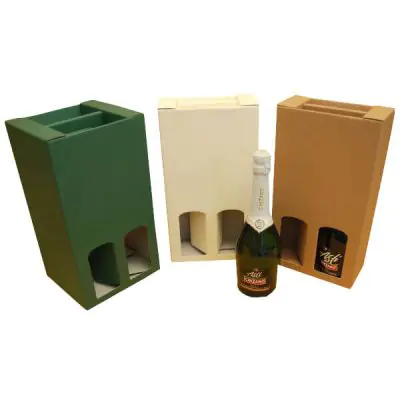 Scatole in cartone microonda accoppiato con manico a scomparsa per confezione di bottiglie di spumante, liquori, vino, olio